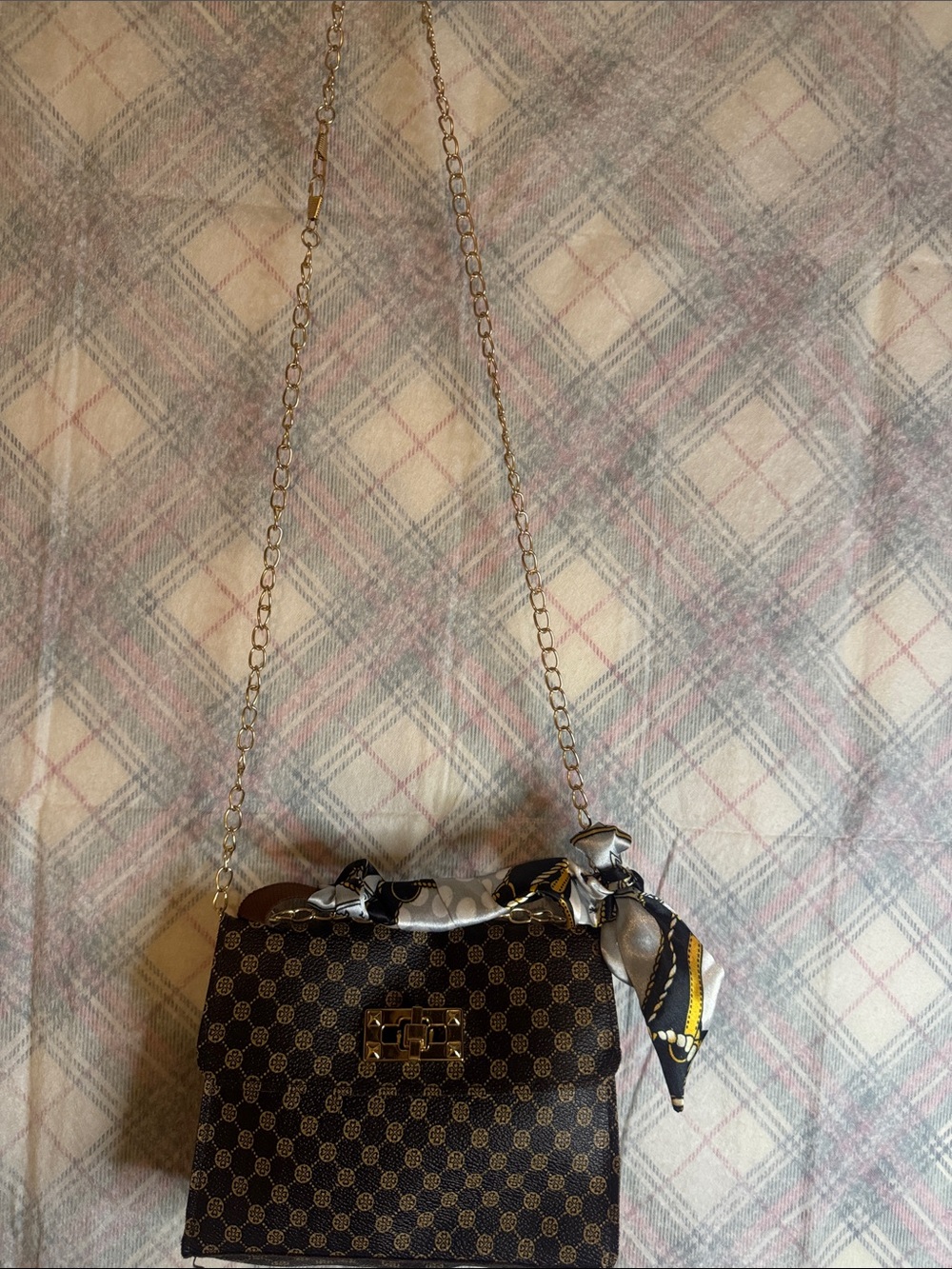 Patterned Brown Crossbody Bag with Gold Chain